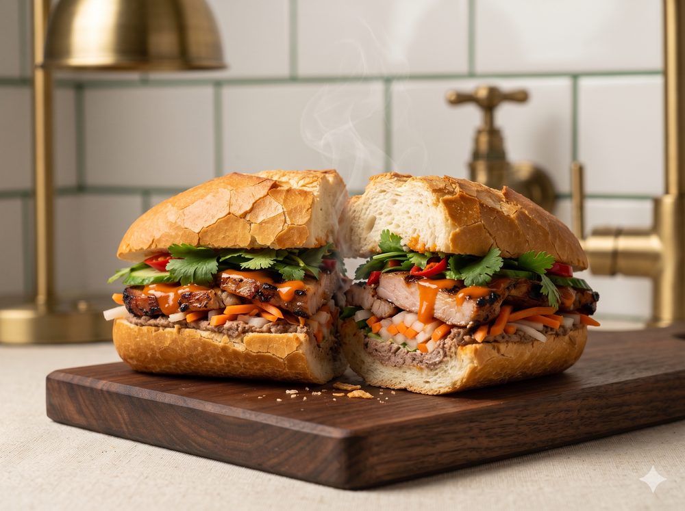 Bánh mì baguette mid-crack, coming to the fire