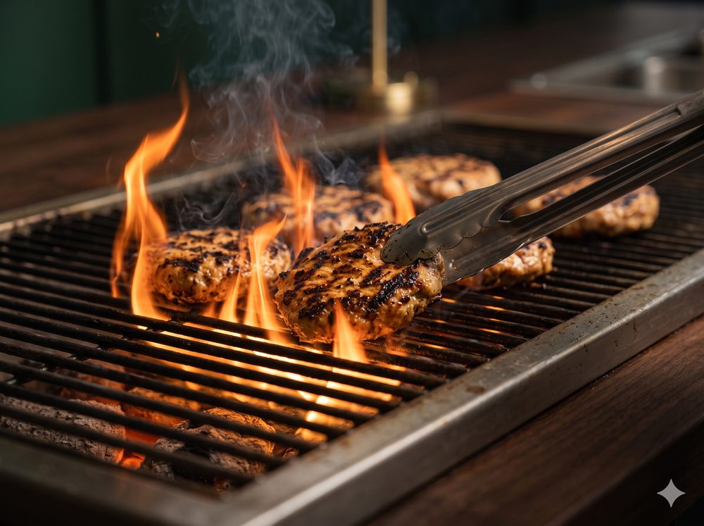 Open flame at the counter, the last loud minute of the cook
